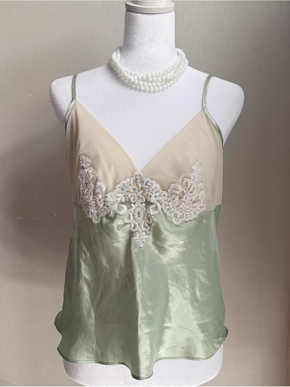 Gilligan & O'Malley Sage Green and Cream Satin Lace Trim Camisole